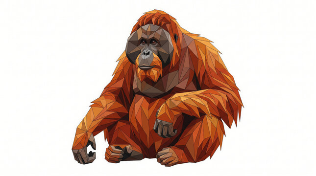 Orangutan sitting in natural pose. Red-haired great ape primate isolated on white background for wildlife design projects.