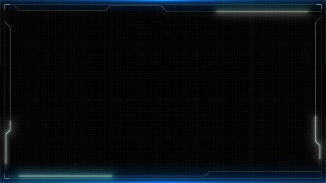 Clean digital interface frame glowing edges and empty center space on a dark technical grid, to futuristic screens, virtual dashboards, data displays, scanning systems and presentation overlays.