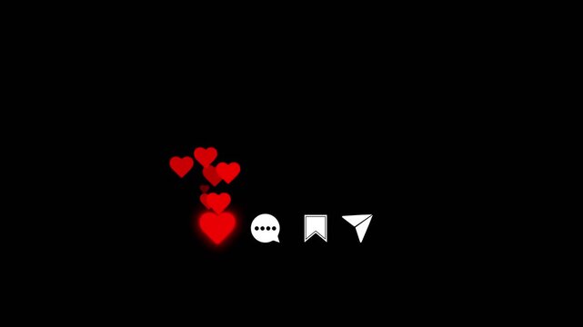 Animated heart reactions rise beside communication, bookmark sharing symbols black, audience engagement, social interaction, creator promotion, online communities, viral content mobile communication.