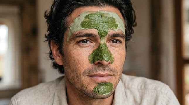 Mid adult man with green clay detox mud mask applied on T-zone facial skincare