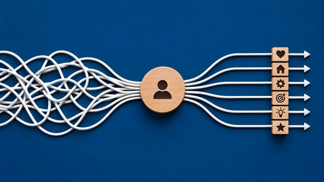 Tangled white cables routing through a user profile icon into organized straight lines with business symbols illustrating customer data management
