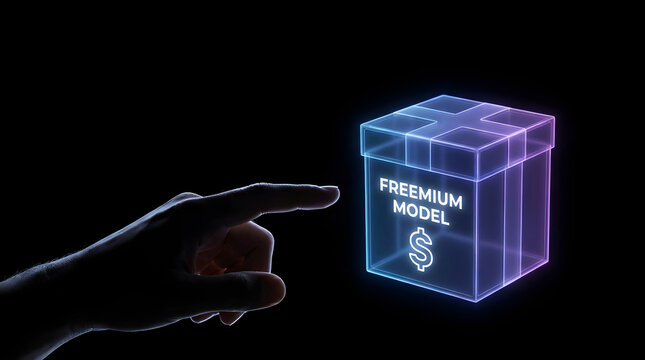 Human finger pointing towards glowing digital freemium model gift box concept