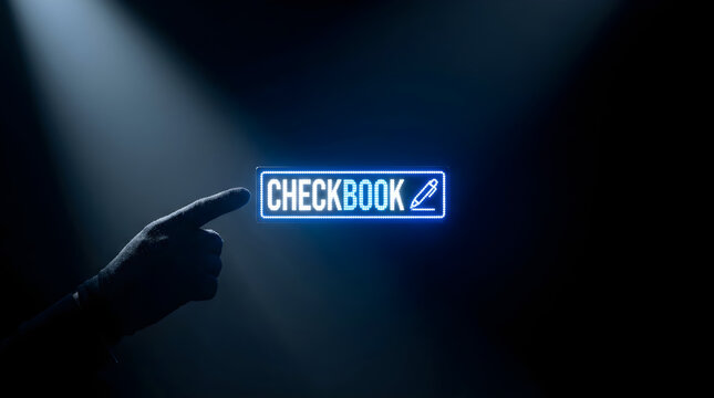 Human finger touching glowing checkbook icon in dark minimalist digital