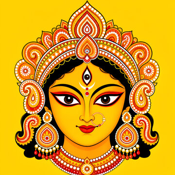 Goddess Durga face vector illustration for Durga Puja and Navratri festival celebration. Maa Durga face illustration with third eye, traditional crown, and jewelry on yellow background. 