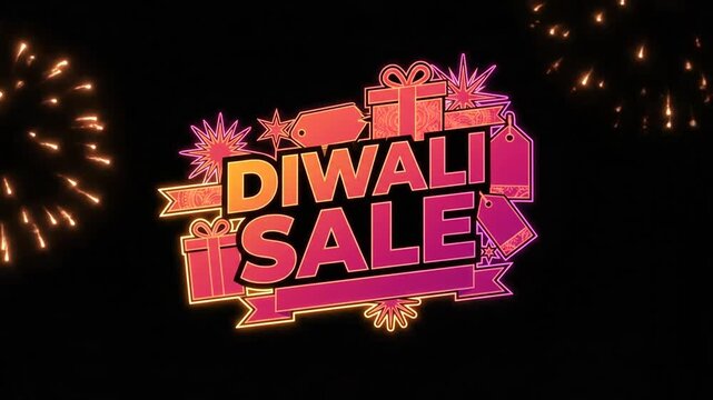 Vibrant neon style text animation announcing a festive holiday sale with glowing gift boxes and bright sparkling fireworks in a dark background