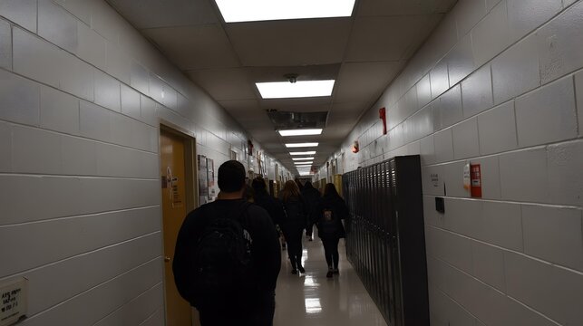 hallway with students walking between classrooms, backpacks, lockers, simple walls, practical ceiling lights, realistic educational environment