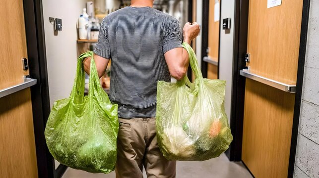 groceries through an apartment hallway, reusable bags filled with everyday food, simple walls, wooden doors, practical lighting, realistic lifestyle photography