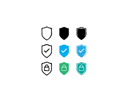 Set of security shield icons with checkmarks and padlocks in various styles