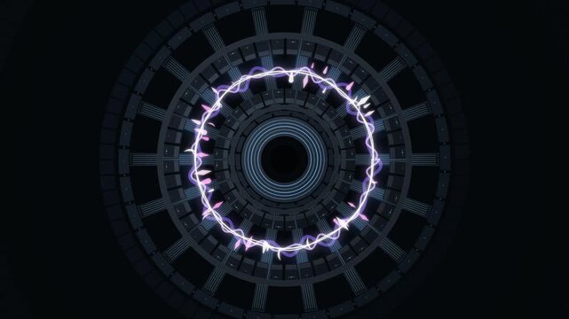Futuristic 3D animation of a Tokamak reactor core depicting the process of magnetic confinement nuclear fusion with glowing plasma and technical data interface highlighting sustainable energy