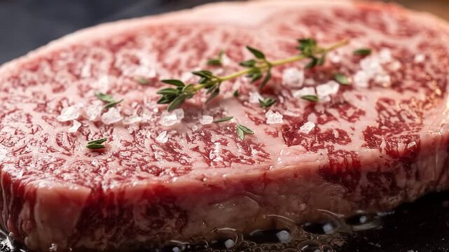 Sizzling A5 Miyazaki Wagyu beef steak with marbled fat on a volcanic hot stone for luxury Japanese teppanyaki dining, gourmet restaurant menus, and food ads