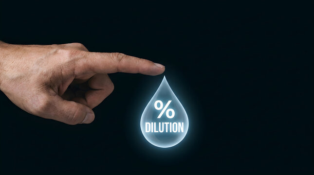 Human finger touching glowing digital water drop with dilution percentage symbol
