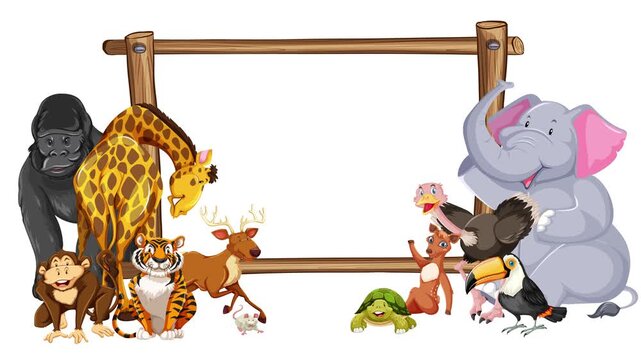 Animated animal collection appearing around empty wooden sign frame on white background.