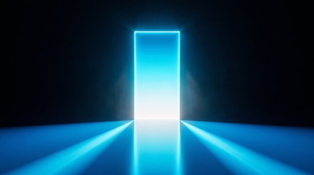 Glowing blue neon light portal in dark room with reflective floor