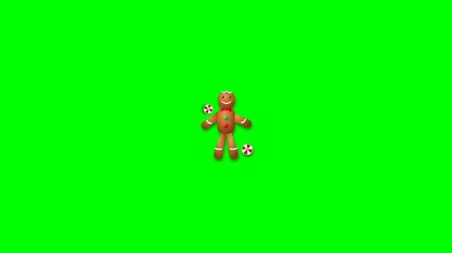 Gingerbread man cookie with peppermint candies on a green screen background motion graphics loop