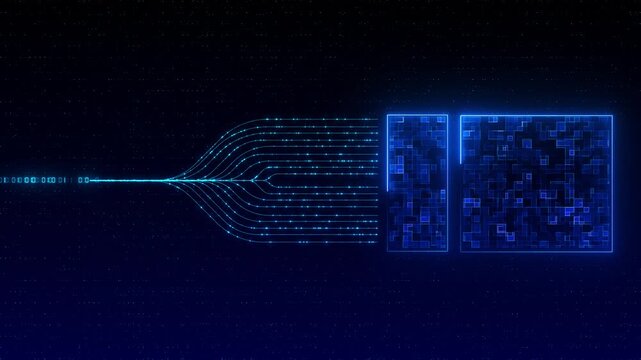 Futuristic network animation shows binary signals branching toward illuminated processor blocks, representing machine learning pipelines, cloud infrastructure, data distribution high speed computation