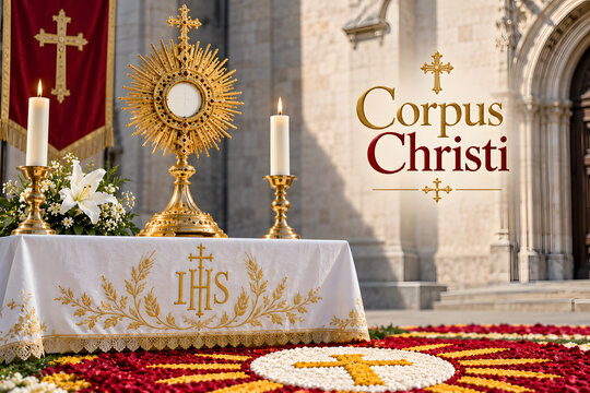 Corpus Christi Catholic Eucharist altar with golden monstrance, candles and floral carpet