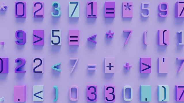Three-Dimensional Geometric Shapes and Mathematical Symbols in Purple and Pink Grid on Light Purple Background, Playful Abstract Art for STEM Education and Creative Design Projects