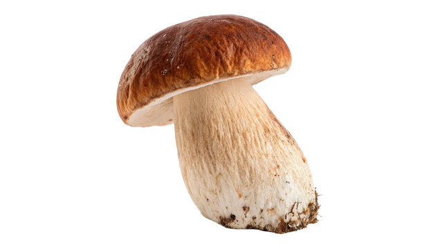 Single fresh organic brown cep porcini bolete mushroom isolated on transparent background.