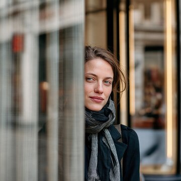 Woman looking aside behind street window reflection