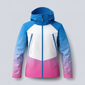 Ski jacket with blue, white, and pink gradient colors