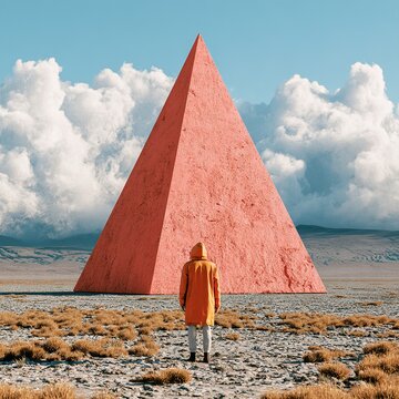 Person exploring desert landscape with red pyramid