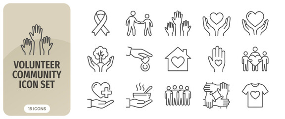 Fototapeta premium Volunteer community icon set, thin line style, charity and social care symbols for web and mobile apps, vector illustration