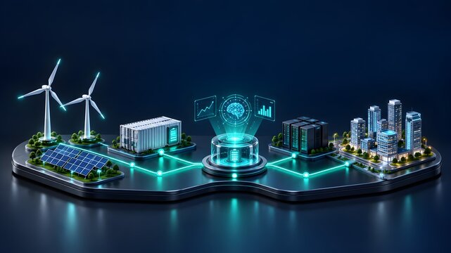 Futuristic smart city ecosystem model with renewable energy sources and artificial intelligence holographic control