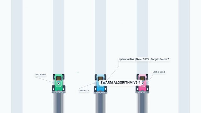 Swarm farming animation showing autonomous agricultural robots executing a swarm algorithm for lateral takeover when a unit is depleted of fuel in precision agriculture