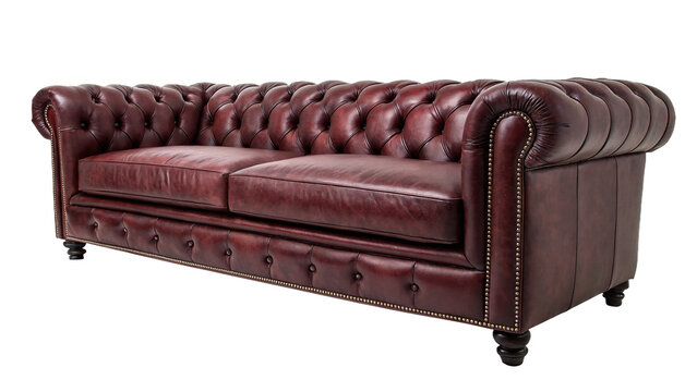 Comfortable classic luxurious chesterfield tufted red leather sofa isolated on transparent background.