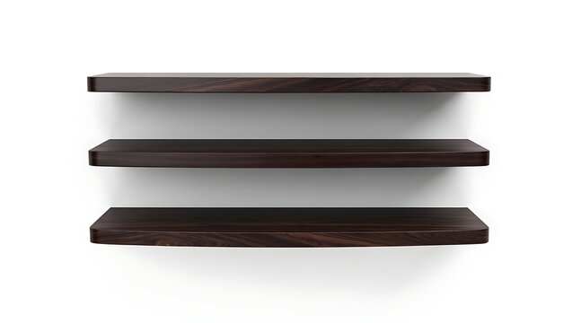 Three Empty Modern Dark Wood Floating Shelves Mounted on a Clean White Wall, Minimalist Interior Design Template for Product Display and Retail Presentation Backdrop