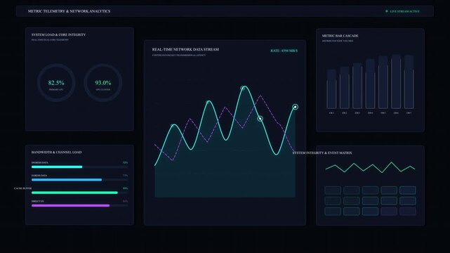 Digital dashboard displays animated graphs charts and data visualization on dark screen, technology abstract background