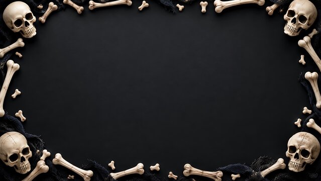 Human skulls and bones frame on dark black, dramatic 3D Halloween background concept with copy space
