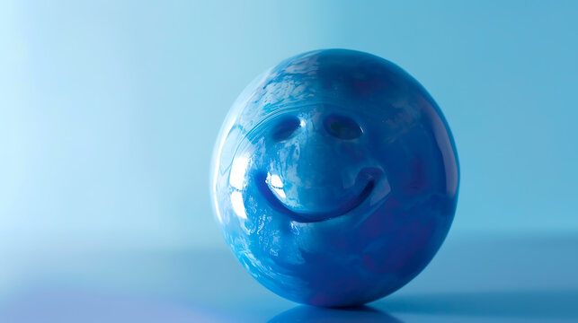 Blue Plastic Ball with Smiley Face on Blue Background