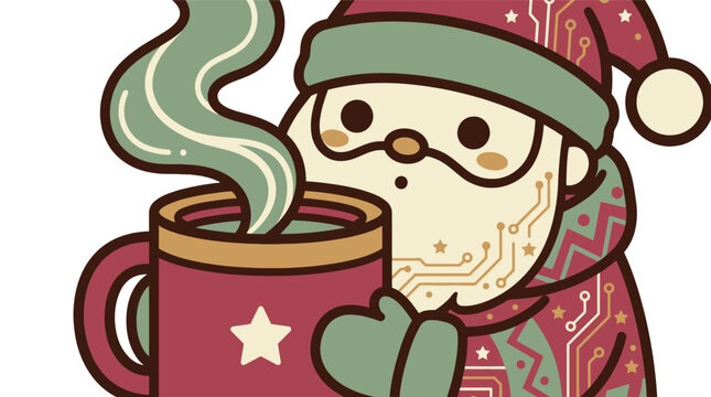 Tech themed santa claus character holding a steaming mug of cocoa