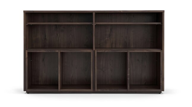 Modern Dark Walnut Wood Bookshelf with Multiple Open Compartments and Storage Cubbies for Executive Office or Professional Medical Examination Room Interior, Isolated on White Background