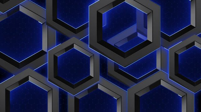 Modern metallic hexagonal tech pattern layered blue depth and luminous framing. corporate intros, engineering presentations, abstract technology backdrops, futuristic branding premium digital content.