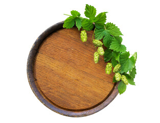 Fototapeta premium wooden barrel with fresh green hops isolated on transparent background