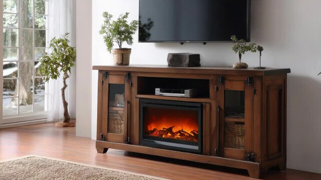Cozy living room with rustic fireplace and modern decor in sunlit interior