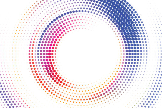 Colorful abstract halftone design with flowing rainbow dots, bold red and orange curves, and a bright white center, creating a vibrant modern pop art background for poster design with halftone.