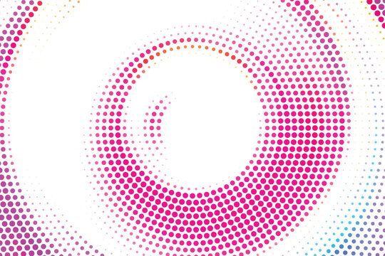Colorful abstract halftone design with flowing rainbow dots, bold red and orange curves, and a bright white center, creating a vibrant modern pop art background for poster design with halftone.
