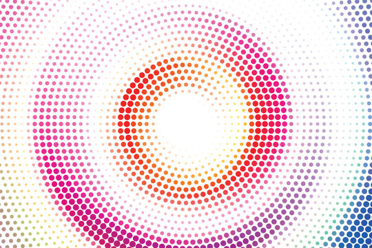 Colorful abstract halftone design with flowing rainbow dots, bold red and orange curves, and a bright white center, creating a vibrant modern pop art background for poster design with halftone.