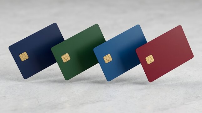 Set of Blank Credit Cards Mockup with EMV Chip Floating on Marble Background