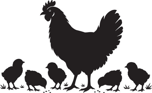 hen and chicks poultry family silhouette vector illustration