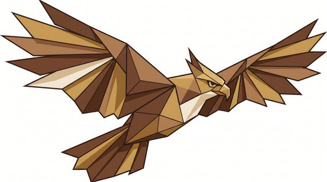 Origami Javan hawk eagle in flight. Handcrafted paper raptor soaring with outstretched wings against white background.