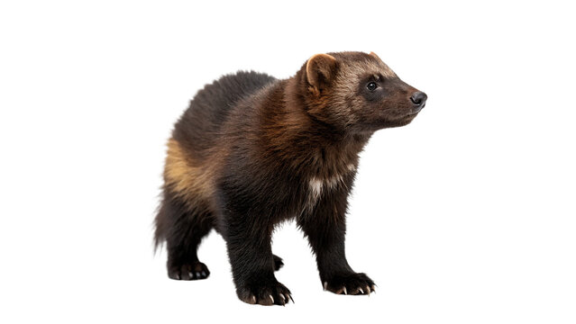 Wild adult brown wolverine mammal standing in profile isolated on transparent background.