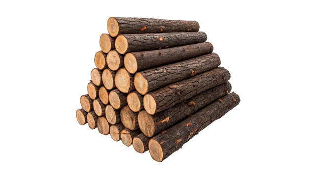 Neat pyramid pile of dark brown wooden logs isolated on transparent background.