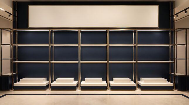 Modern luxury retail store interior featuring elegant empty gold metal shelving units against dark blue walls with premium lighting and blank signage mockup for commercial display
