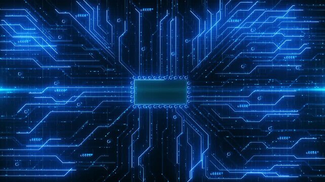 Electric circuit paths converge around a microchip panel in a luminous blue system. Useful for hardware launches, cloud infrastructure, machine intelligence, electronics and innovation video projects.