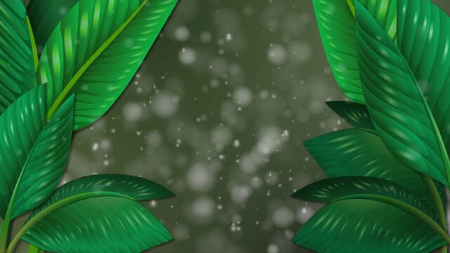 Animated tropical green leaves background with floating bokeh particles and copy space.