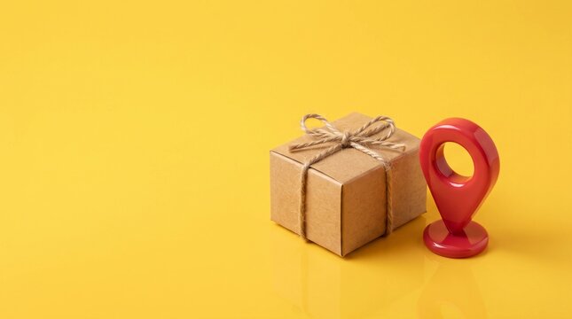 Brown cardboard gift box tied with rustic jute twine sitting beside a small shiny red location pin marker on a bright yellow flat studio background surface.